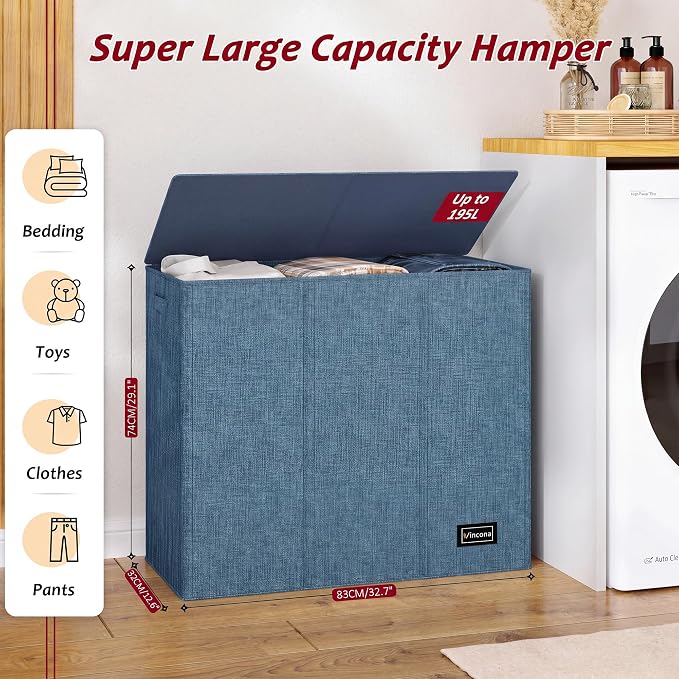 195L Laundry Hamper 3 Section,Large Laundry Hamper with Lid,Dirty Clothes Hamper with 3 Inner Bags,Collapsible Laundry Basket Organizer for Laundry Room,Bedroom,Laundry Sorter Hamper 3 Compartment - Image 2