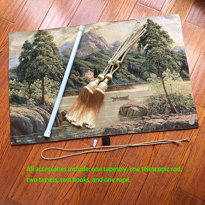 Vintage Nature Tapestry Wall Hanging Set with Telescopic Rod & Tassels - Jacquard Woven Fabric Aesthetic Country Landscape Wall Tapestry for Bedroom/Living Room Decor Green Art (42"x27") (Earthy - greens, lake scene with boat and hills) - Image 3