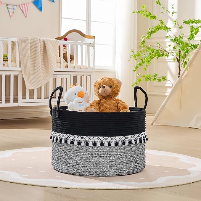 KAKAMAY Large Blanket Basket with Handles, Storage Basket for Living Room | Extra Large Capacity | Natural Cotton Rope | Blanket Storage | Woven Storage Basket | Stuffed Animal Storage | Laundry Basket - Image 4
