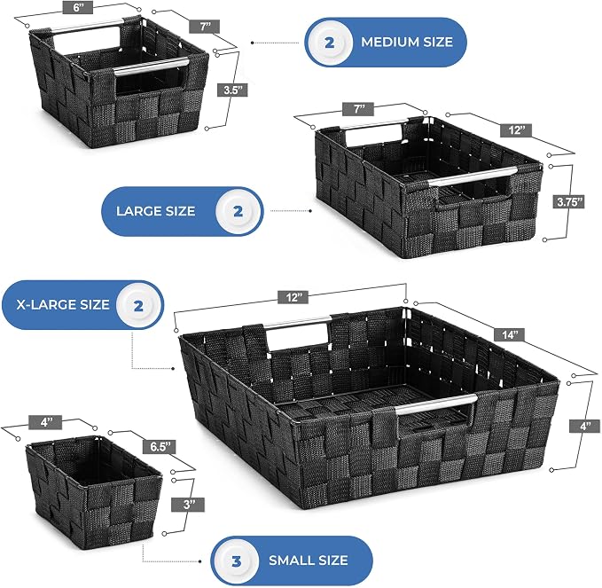 Sorbus Set of 9 Woven Storage Baskets – Mesh Hand-Woven Baskets for Organizing, Fabric Storage Bins for Linen Closet Organizer, Storage Baskets for Shelves, Home Organization and Decor (Black) - Image 3