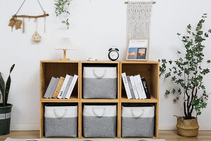 MidmmVick 13 x 13 Inch Cube Storage Bins, 4 Pack Large Collapsible Fabric Storage Bin with Ropes, Foldable Storage Cubes for Home, Office,Closet, Clothes, Toys Organizer (White & Grey) - Image 2