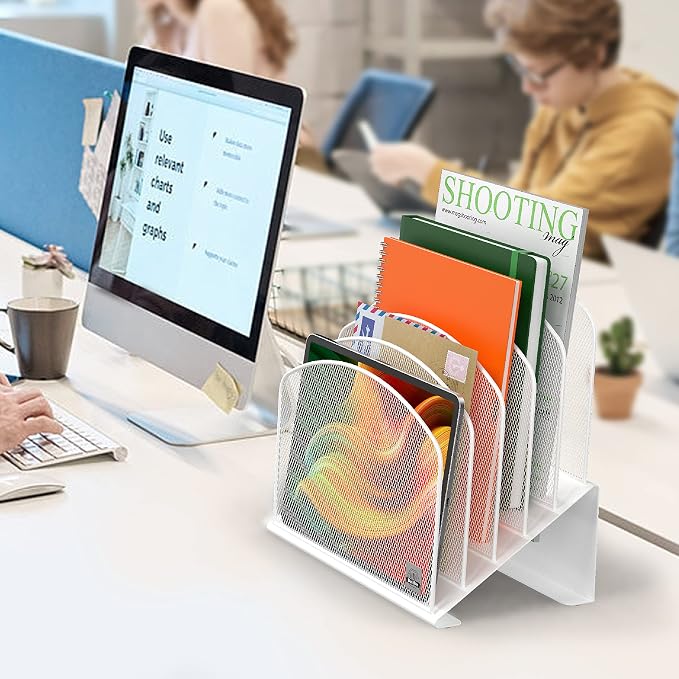 Delifox Inclined Desk File Organizer,Vertical File Folder Holder Stand Metal Rack File Sorter for Office Classroom Desktop Organization (1, White, 5) - Image 6