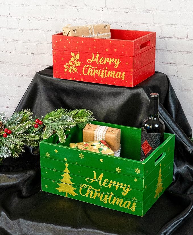 Red Co. Set of 2 Red and Green Decorative Nesting Wooden Merry Christmas Storage Crate Organizers with Golden Lettering - Image 3