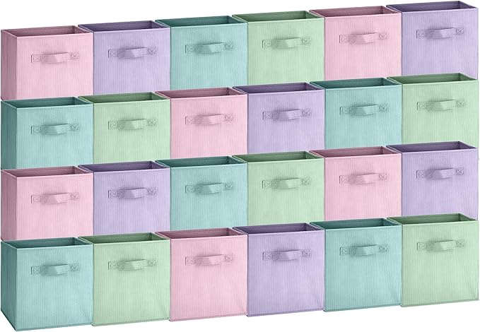 Hillban 24 Pcs Storage Cubes 11'' Collapsible Storage Bins Bulk Fabric Cubes Basket with Dual Handles Organizer Cube for Closet Toy Classroom Shelf Room (Solid Style,Pastel) by Hillban