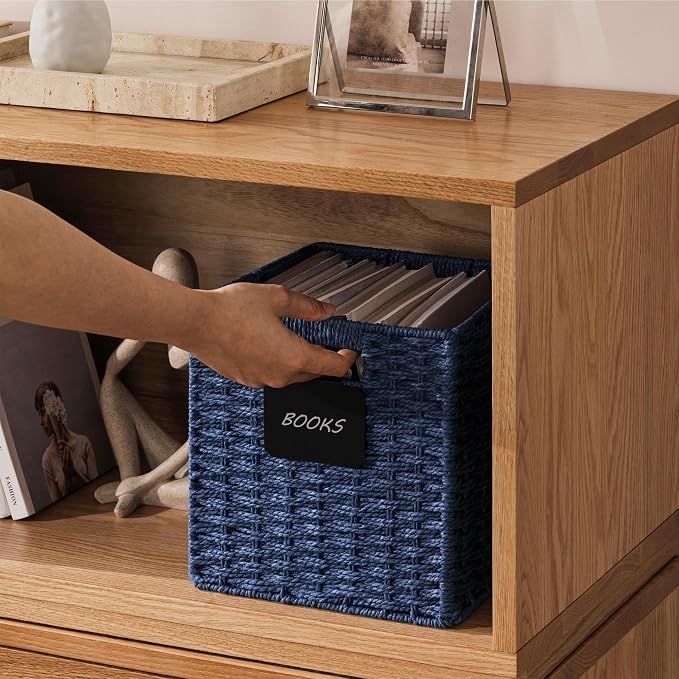 UBBCARE 4 Pack Small Wicker Basket, 9×9 Storage Cubes with Label, Foldable Cube Storage Bin with Handle, Square Storage Basket for Shelves, Woven Paper Rope Basket for Organizing, Navy Blue - Image 4