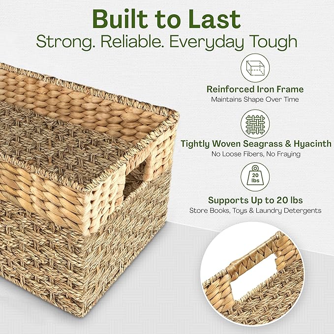 Large Wicker Storage Baskets with Handles, 17 x 11 x 7.5 Inches | Natural Seagrass and Hyacinth, Woven Storage Basket, For Organizing Shelves, Closet, Pantry, Living Room - Image 6