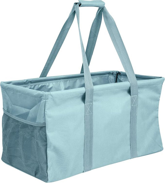 Extra Large Utility Tote Bag - Oversized Collapsible Reusable Wire Frame Rectangular Canvas Basket With Two Exterior Pockets For Beach, Pool, Laundry, Car Trunk, Storage - Light Blue by Lucazzi