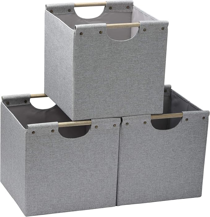 HOONEX Collapsible Storage Bins, 13x13x13in Storage Cubes Linen Fabric, 3 Pack, Storage Baskets with Wooden Carry Handles and Sturdy Heavy Cardboard, for Home, Office, Car, Nursery, Light Grey by HOONEX