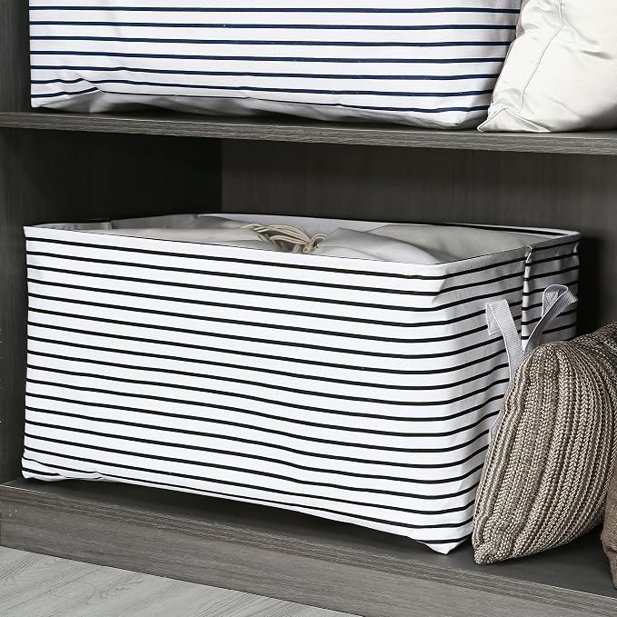 Hinwo 102L XXL Canvas Storage Bin with Lid and Handles, 2-Pack | Collapsible Fabric Baskets, Closet Shelf Organizers, Containers for Clothing, Blankets, Toys, Bedding (Black Stripe) - Image 3