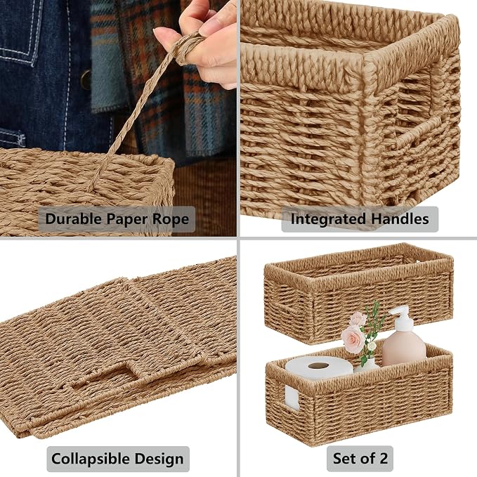 Wicker Storage Basket, Set of 2 Hand Woven Wicker Baskets for Organizing with Handles, Decorative Small Storage Bins for Countertop Toilet Paper Basket for Toilet Tank Top, Shelves, Natural - Image 6