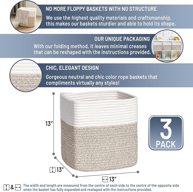 NaturalCozy 13 Inch Cube Storage Bins Cotton Rope Woven Baskets for Organizing 3-Pack | 13 x 13 Storage Cubes | Fabric Square Storage Baskets for Shelves Organizer, Kids Toy Bins, Closet Baby Nursery - Image 2