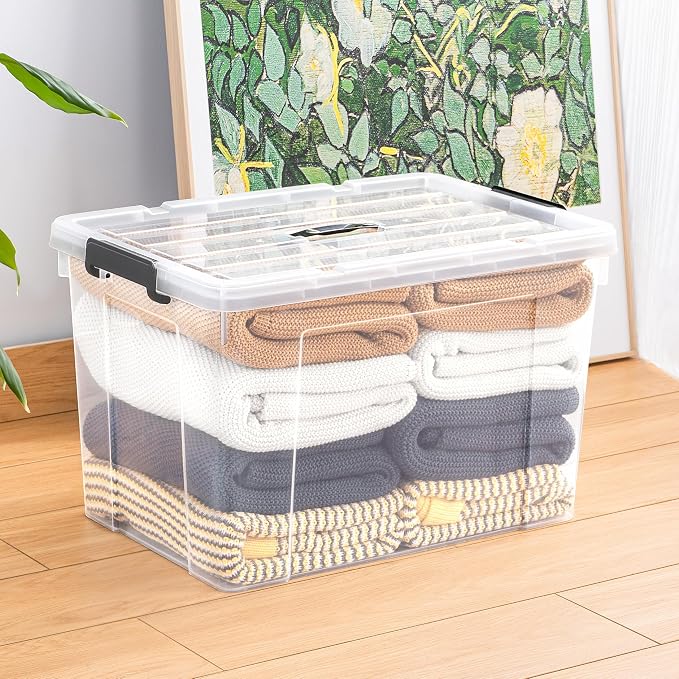 Cetomo Lidded Storage Bin with Handle, Storage Bins with Lid, Organizing Container with Secure Latching Buckles, Stackable and Nestable, Plastic, 95 Quart-6 Pack, Clear - Image 7