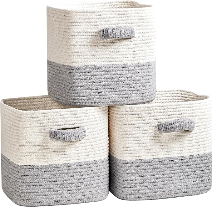 R RUNKA Storage Cube Baskets for Organizing- 3 Pack- 11 inch Square Baskets for Cube Storage, Closet Storage Bins- Woven Cube Storage Bins for Shelves- Ideal for Toy Storage |White & Grey by RRUNKA