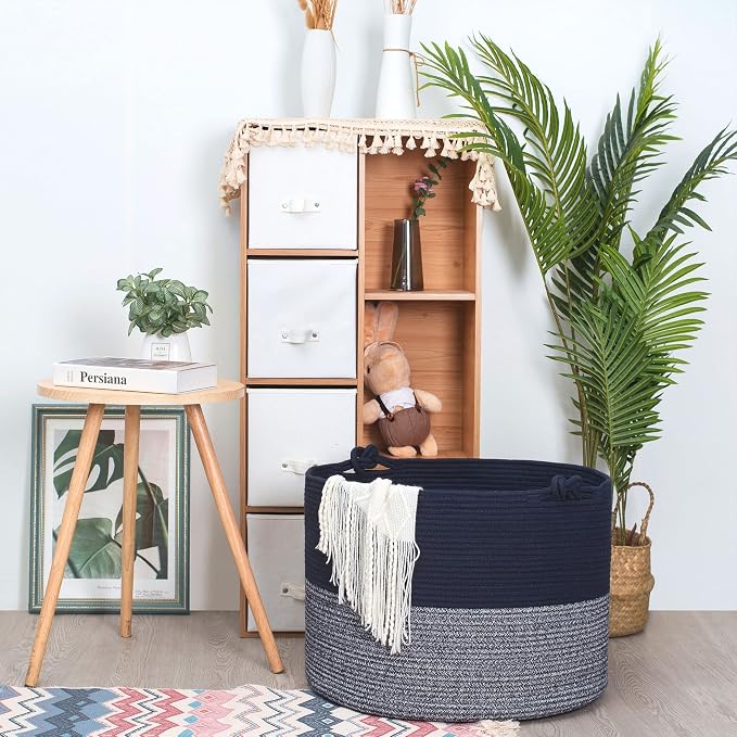Extra Large 22 x 16in Decorative Woven Cotton Rope Blanket Storage Basket Bin Living Room with Handles and Laundry Hamper for Pillows, Pool Towels, Dog Toys, Shoes, Navy Blue - Image 7