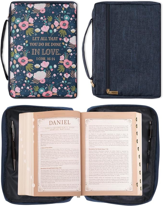 Christian Art Gifts Men/Women's Bible Cover All that You Do 1 Corinthians 16:14, Navy Floral Canvas, Large - Image 2