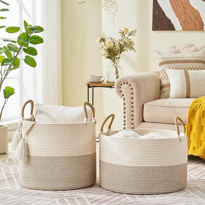 KAKAMAY Large Blanket Basket with Handles, Storage Basket for Living Room | Extra Large Capacity | Natural Cotton Rope | Blanket Storage | Woven Storage Basket | Stuffed Animal Storage | Laundry Basket - Image 7