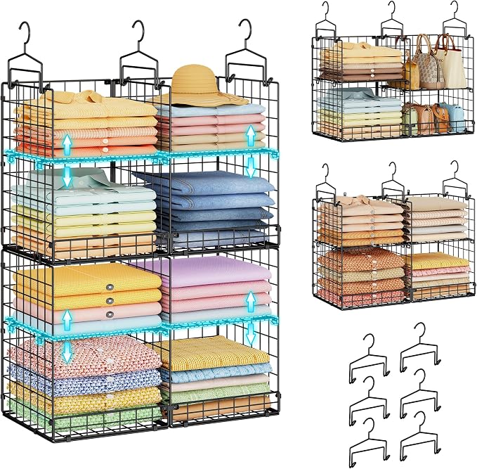 Hanging Closet Organizer with DIY Spacing, Double-Row Closet Hanging Shelves with 4 Adjustable Dividers & 6 Hooks, Heavy Duty Metal Closet Storage Organizer with Front Guard, Split into 2 Units by Yuyetuyo