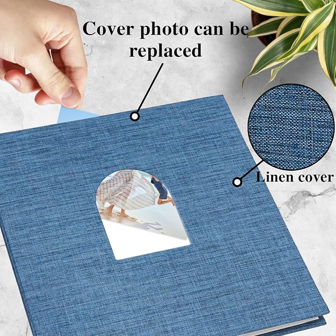 Vienrose Self Adhesive Photo Album Arch Window Scrapbook 120 Pages Blue | Linen Cover, 12.6x12.99 Inch, Memory Book, Blank Inner Page, Three Metallic Pens - Image 3