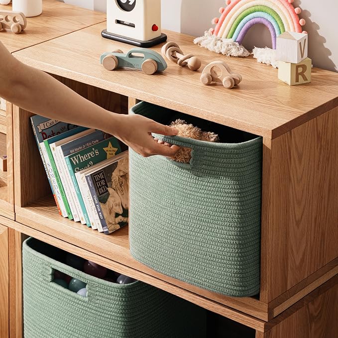 UBBCARE Set of 4 Storage Basket-13 X 13 X 13 In, Cotton Rope Basket for Shelves, Toys, Book, Cube Storage Bins with Handles, Woven Storage Basket for Organizing, Green - Image 4