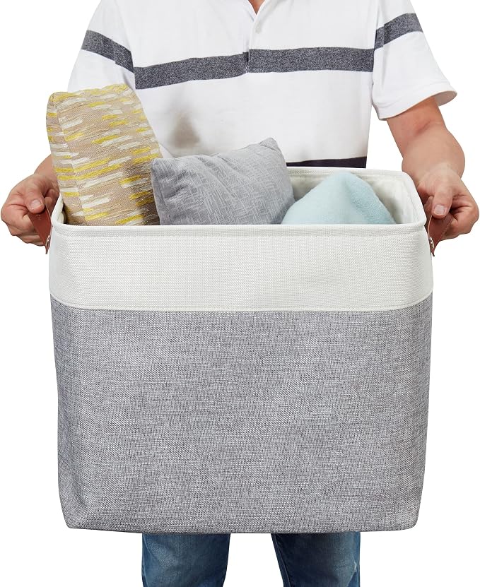 DECOMOMO Extra Large Storage Baskets, 54.5L Fabric Storage Bins 3 Pack | XXXL Storage Baskets for Shelves, Linen Closet Organizers (Grey and White, 17" x 13" x 15") - Image 7