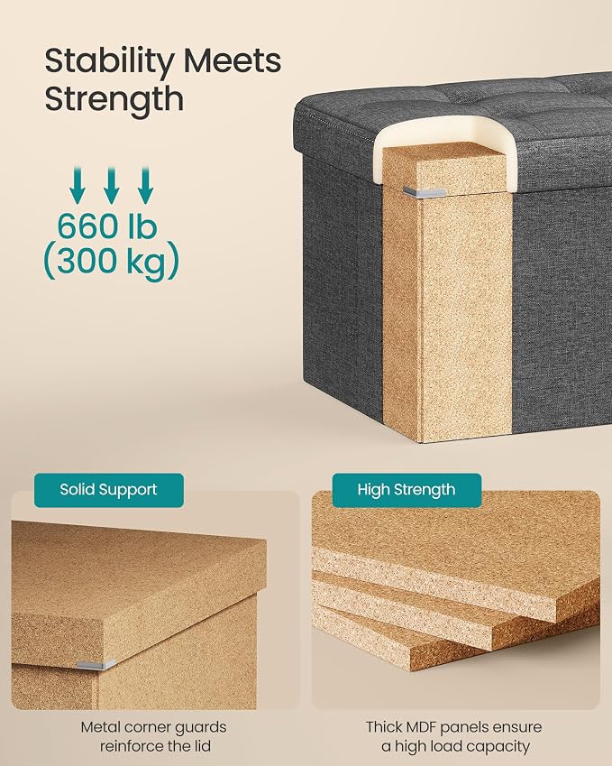 SONGMICS 30 Inches Folding Storage Ottoman Bench, Load 660 lb | Ottoman Foot Rest, Storage Chest, for Living Room, Entryway, Slate Gray and Ink Black, MINOTA Collection ULSF47K - Image 5