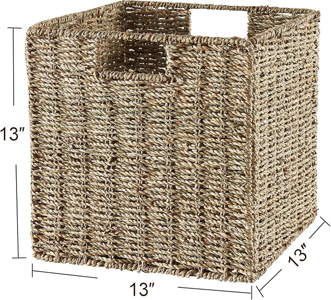Wicker Storage Basket, Set of 2 Seagrass Storage Baskets, 13 Inch Foldable Wicker Basket Square Cube Storage Bins Storage Baskets for Organizing Shelf Baskets, 13''x13''x13'' - Image 2