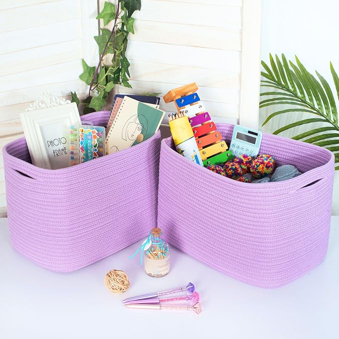 3-Pack Storage Baskets for Shelves, Decorative Baskets for Organizing, Woven Baskets for Storage, Book Basket Cube Storage Bin Box, Pantry Closet and Shoe Organizers, Lilac Purple - Image 3
