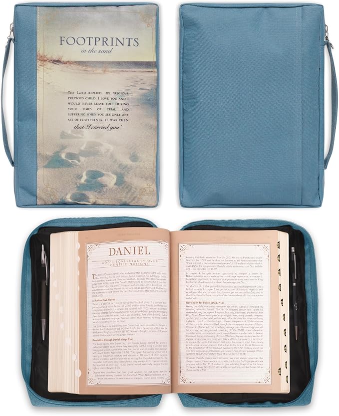 Christian Art Gifts Men/Women's Bible Cover Footprints, Blue Canvas, XL - Image 2