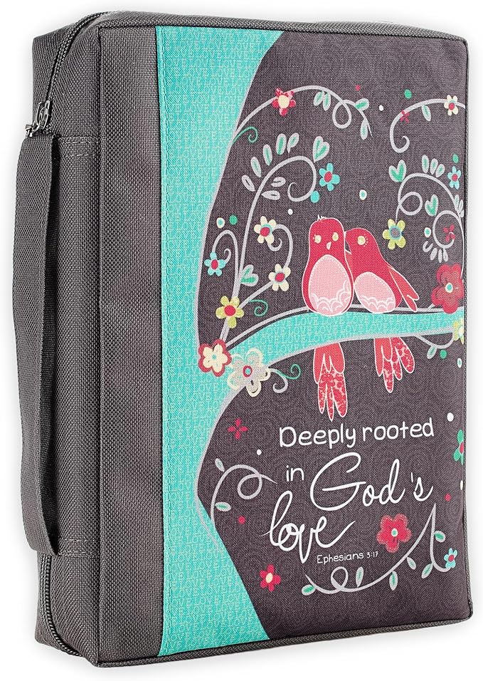 Christian Art Gifts Men & Women’s Bible Cover – Deeply Rooted in God’s Love, Gray Canvas, Large Size – Durable Zipper Case with Handle, Pen Loop, Interior & Exterior Pockets for Daily Use by ChristianArtGifts