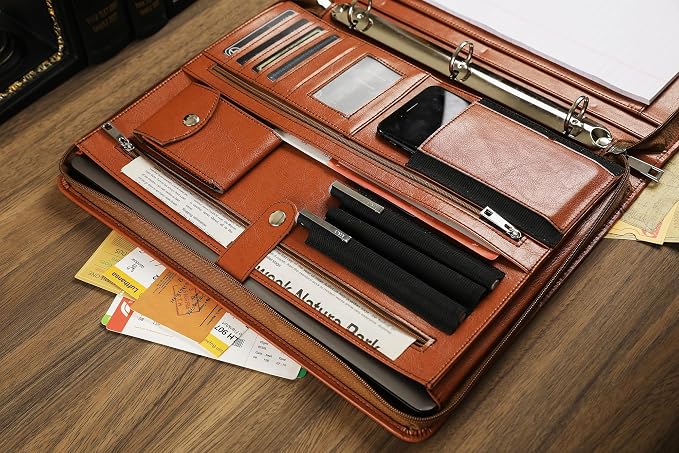 Brown Leather Padfolio for Women/Men, Business Leather Binder 3 Ring Portfolio, Personalized Leather Portfolio Binder, Zippered Portfolio Organizer for A4 Notepad & 13-inch Laptop/Tablet - Image 6