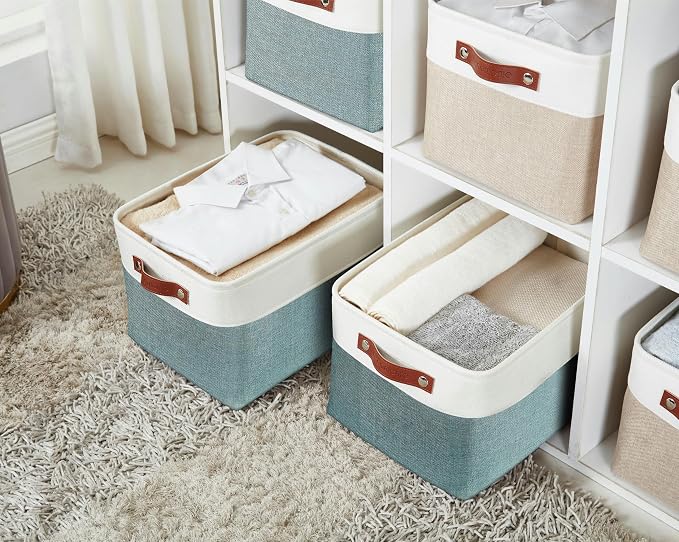 DECOMOMO Storage Bins, Large Fabric Storage Baskets for Shelves 4 Pack | 15 x 11 x 9.5 inches Decorative Linen Closet Organizers (Green & White) - Image 2