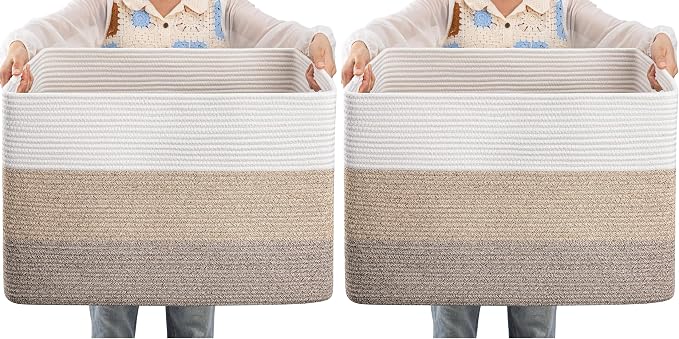OIAHOMY 108L Large Cotton Rope Basket, Rectangle Woven Baskets for Storage, Nursery Blanket Storage Living Room, Toy Basket With Handle-25”x16”x16”-Gradient Yellow (Pack of 2) by MasterofSpaceOptimization