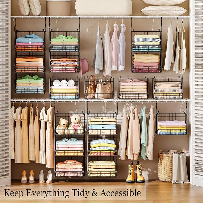 X-cosrack 3-Tier Hanging Closet Organizer, Laundry Room Organization | Space Saving Shelves with 1.65" Hook & 5 S-Hooks | Hanging Wire Baskets (12.4" W x 8.8" H x 10.24-11.8" D) - Image 2
