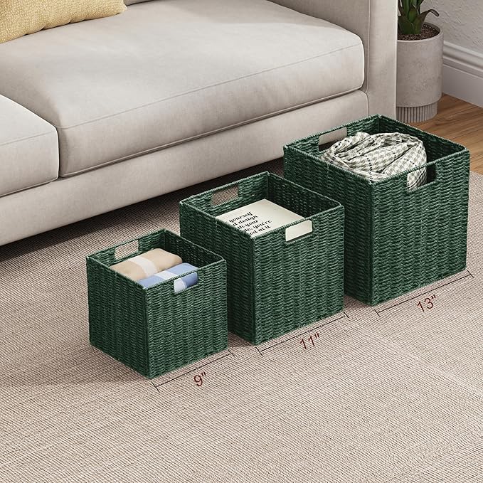 Wicker Storage Basket, Set of 2 Hand-Woven Paper Rope Wicker Baskets, Foldable Cube Storage Bins, Square Storage Baskets for Organizing Shelves & Decor, Green (11″×11″×11″) - Image 9