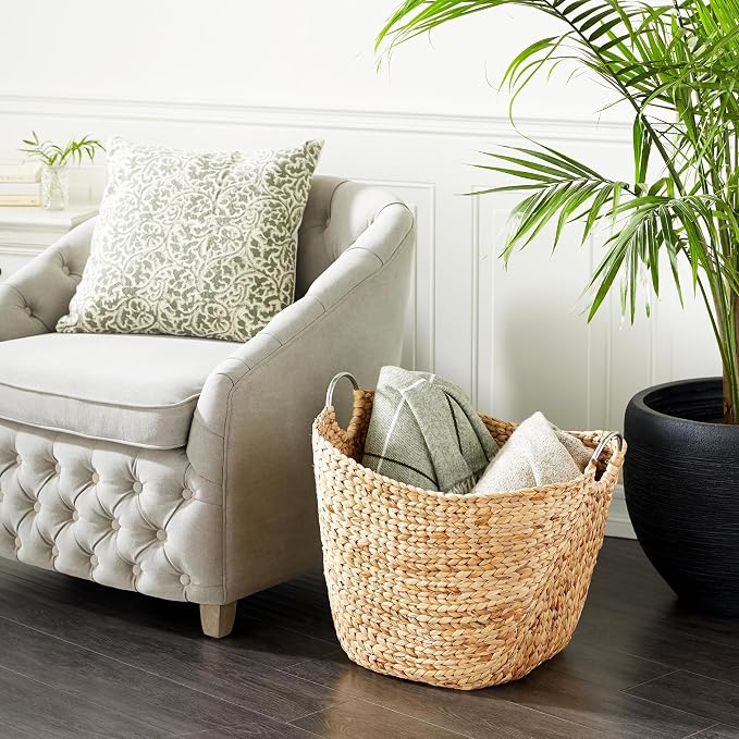 Deco 79 Seagrass Handmade Decorative and Functional Storage Basket Large Woven Basket Organizer with Ring Metal Handles, Basket for Storage 21" x 17" x 19", Brown - Image 3