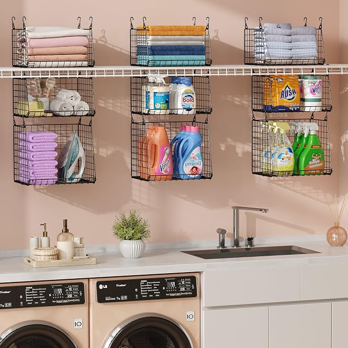 4-Pack Hanging Laundry Room Organizer：Foldable Laundry Room Organizaton Wire Basket with 360°Rotating Hooks Space Saving Over Washer and Dryer Shelves - Metal Laundry Basket Storage, Black Patent - Image 3