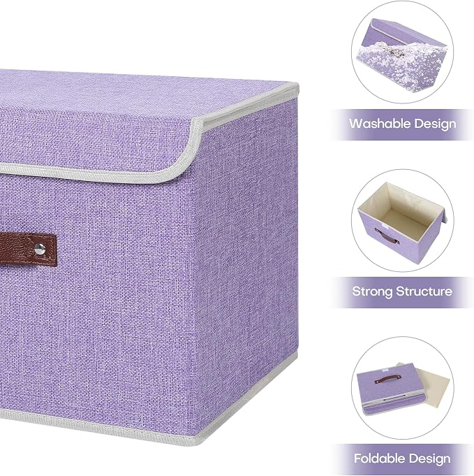 ANMINY Fabric Storage Box Bins with Lids, Purple, 15"x10"x10" | Keepsake Memory Storage, Cotton Linen, PP Board Reinforced, Washable, PU Handles, Foldable & Stackable, Decorative, Large - Image 4