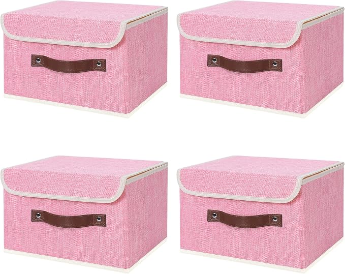 ANMINY Fabric Storage Box Bins with Lids, Pink, 10"x8"x7", 4 Pack | Keepsake Memory Storage, Cotton Linen, PP Board Reinforced, Washable, PU Handles, Foldable & Stackable, Decorative, Small by ANMINY