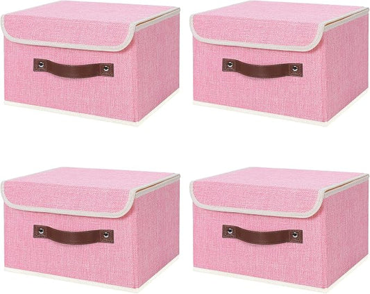 ANMINY Fabric Storage Box Bins with Lids, Pink, 10"x8"x7", 4 Pack | Keepsake Memory Storage, Cotton Linen, PP Board Reinforced, Washable, PU Handles, Foldable & Stackable, Decorative, Small by ANMINY