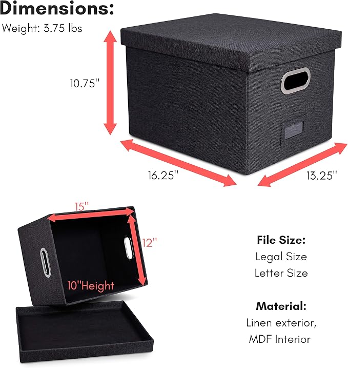 Internet's Best Collapsible File Storage Organizer with Lid - Decorative Linen Filing & Storage Office Box – Hanging Letter/Legal Folder – Home Office Bins Cabinet – Charcoal Container - 6 Pack - Image 3