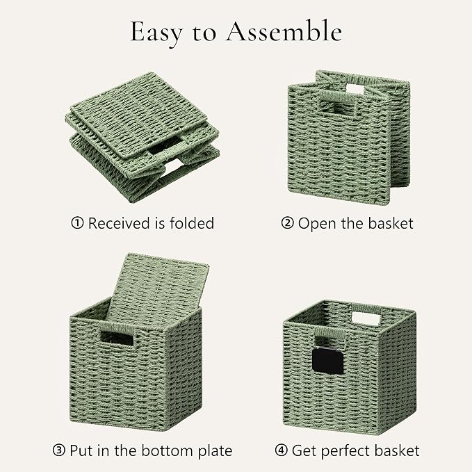 UBBCARE 2 Pack Wicker Basket, 10.5×10.5 Storage Cubes with Label, Foldable Cube Storage Bin with Handle, Square Storage Basket for Shelves, Woven Paper Rope Basket for Organizing, Green - Image 7