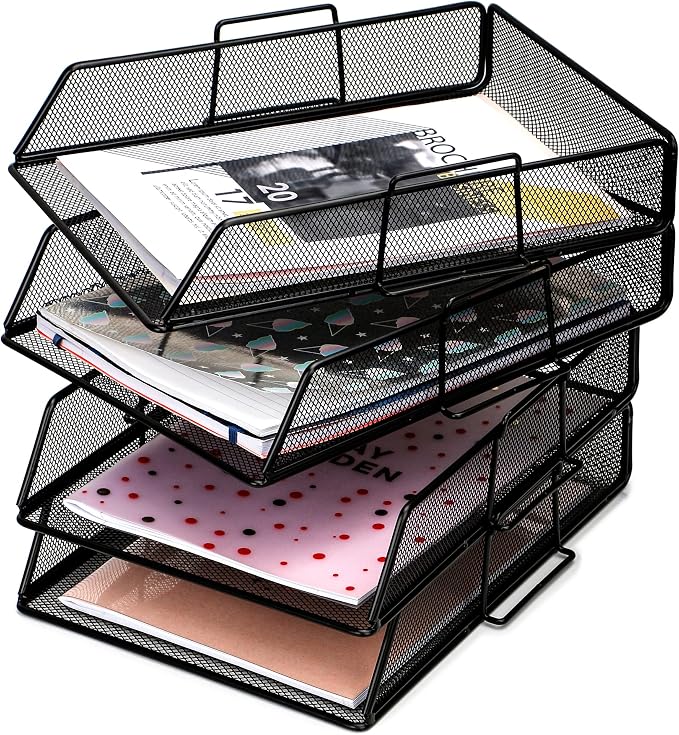 EXERZ Paper Sorter 4pcs Tier Stackable A4 Desk Organiser Letter Tray Black | Durable Metal Mesh Holds Papers Files Folders Notebooks And Magazines For Office Home Study Classroom Desks - Image 7