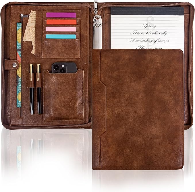 Calfinder Portfolio Binder with 3 Ring,Leather Padfolio with Zipper for Men&Women,Business Portfolio Organizer with Tablet/Documents Holder,Leather Padfolio Binder for Interview/Office/School by Calfinder