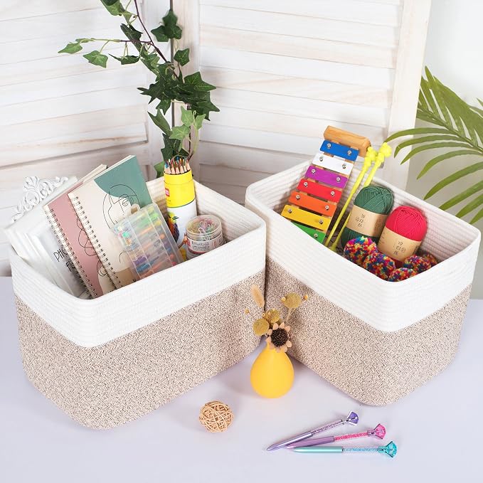 3-Pack Storage Baskets for Shelves, Playroom and Classroom Basket, Book Decorative Cube Bins, Woven Closet Organizers, Baby Nursery Baskets, Light Brown - Image 3