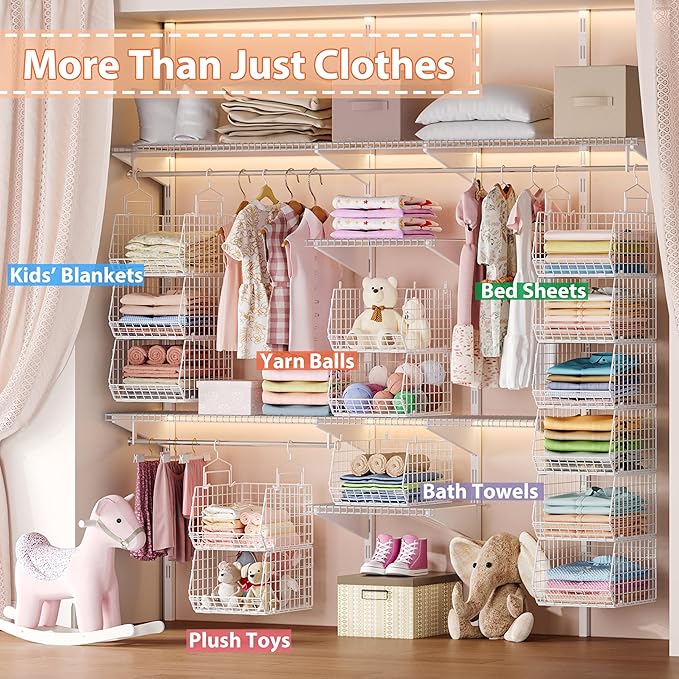 6 Tier Extended Depth Hanging Closet Organizer, Closet Storage Hanging Shelves with Hanging Hooks for Clothes Sweaters Towels Handbags, Stackable Metal Mesh Bins For Closet, Laundry, Bathroom, Dorm - Image 7