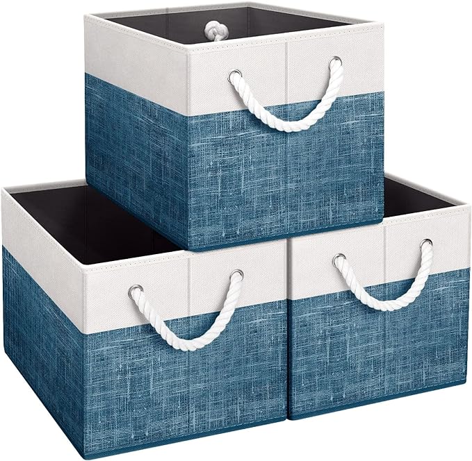 Storage Bins 3-Pack, Foldable Storage Baskets for Organizing Toys, Books, Shelves, Closet, Large Storage Box with Rope Handles, Sturdy Organizer Bins, White & Blue by Fabtotes