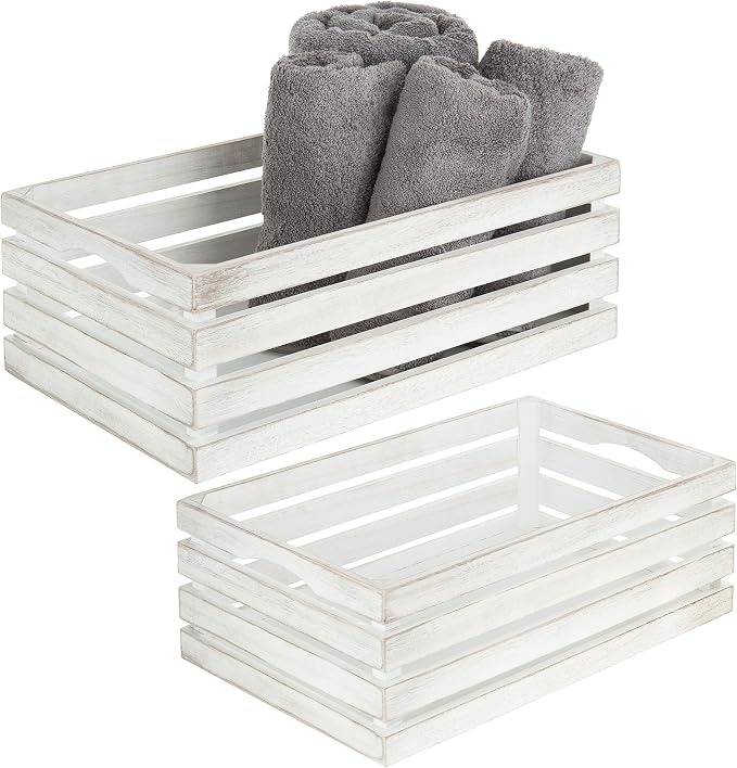 MyGift 16 and 14 Inch Shabby White Washed Solid Wood Nesting Decorative Storage Crates, Vintage Farmhouse Wooden Stackable Open Top Bin Boxes, 2 Piece Set by MyGiftHome