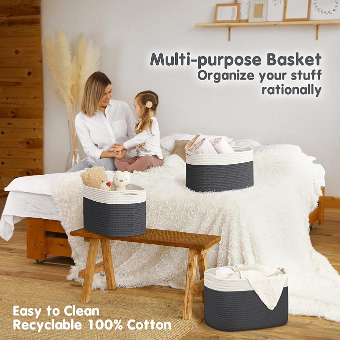 CHAT BLANC Cotton Rope Baskets for Organizing, Shelves, Toys, Storage, Shoe, Bathroom, Laundry, Towel, Nursery, Home Decor, Blanket, Cloth Woven Bins Fabric (Creamy White & Graphite, 15"x10"x9") - Image 5