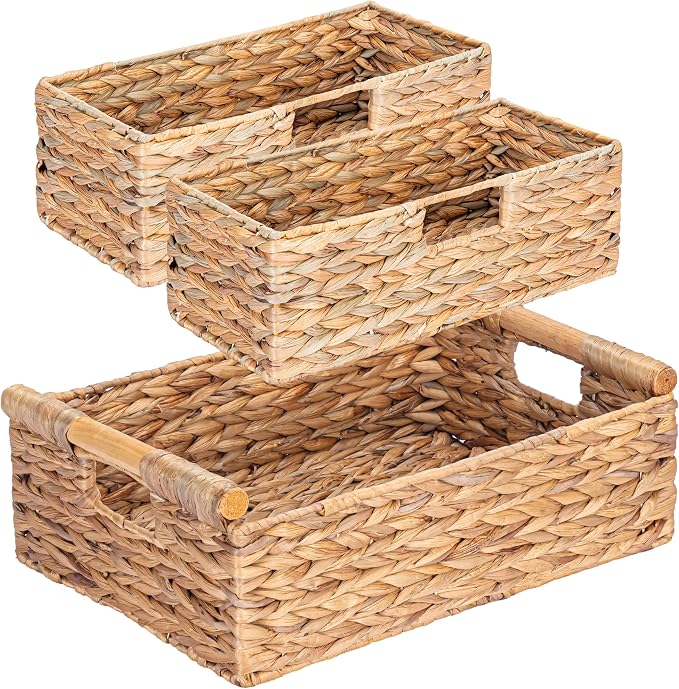 VATIMA Large Water Hyacinth Storage Baskets for Organizing with Wooden Handles for Shelves, 2 Bathroom Small Basket, Water Hyacinth Toilet Paper Baskets, Set of Natural Wicker Storage Basket for Home by VATIMA