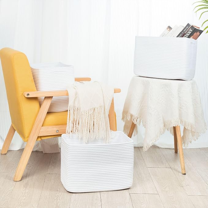 3-Pack Decorative Woven Storage Baskets for Shelves, Cube Bin Box for Organizing Books, Shoes, Dog Toys, Pantry Closet and Living Room Organizer, Full White - Image 7